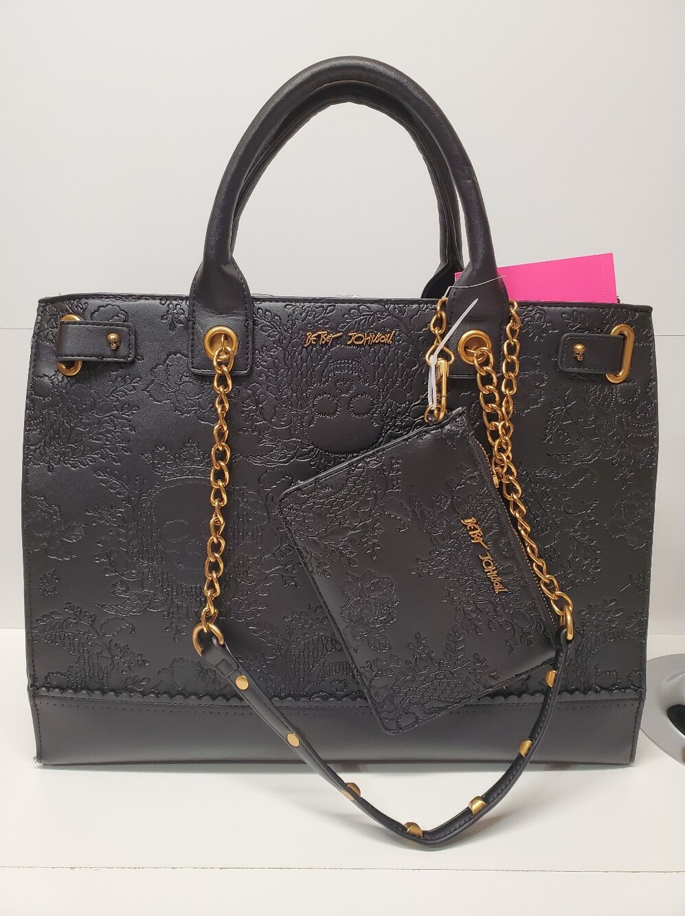 Betsey Johnson Embossed Skull leather tote bag with gold chain strap